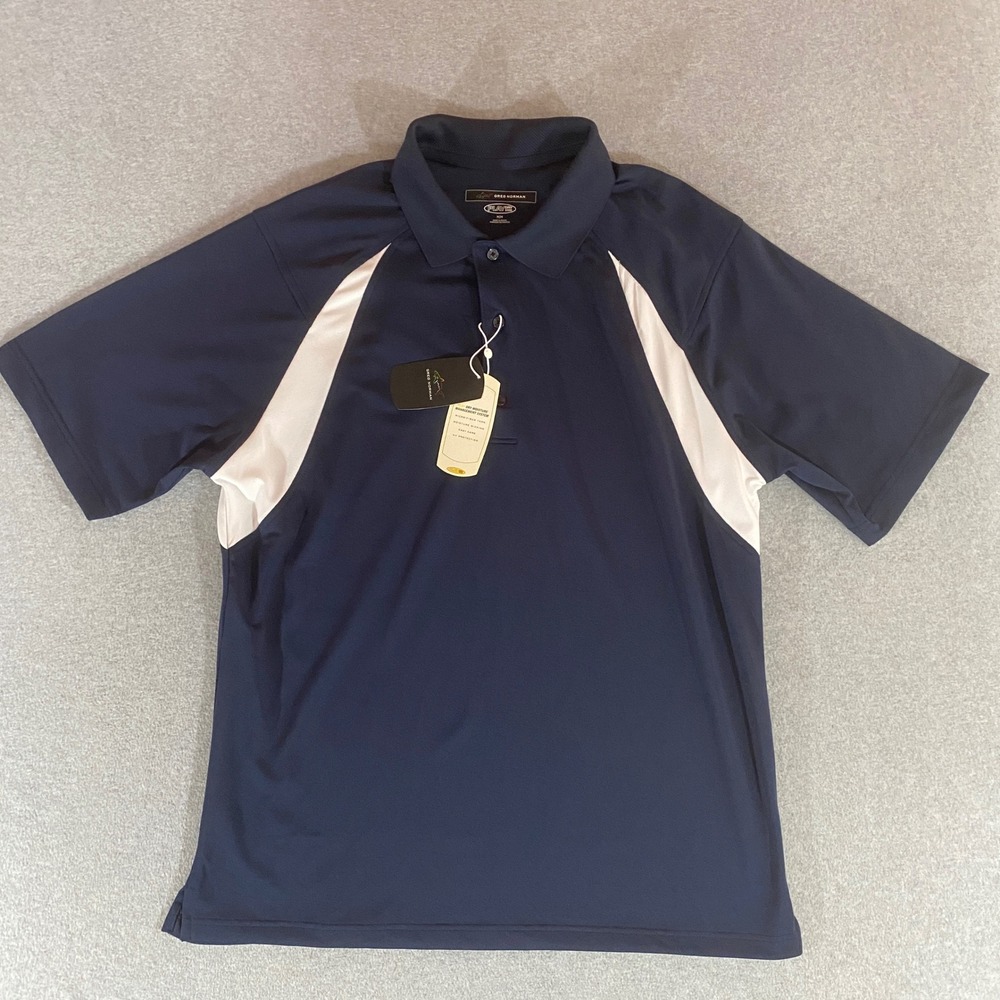 Greg Norman Play Dry Golf Polo Shirt Mens Medium Navy Blue White Short Sleeve